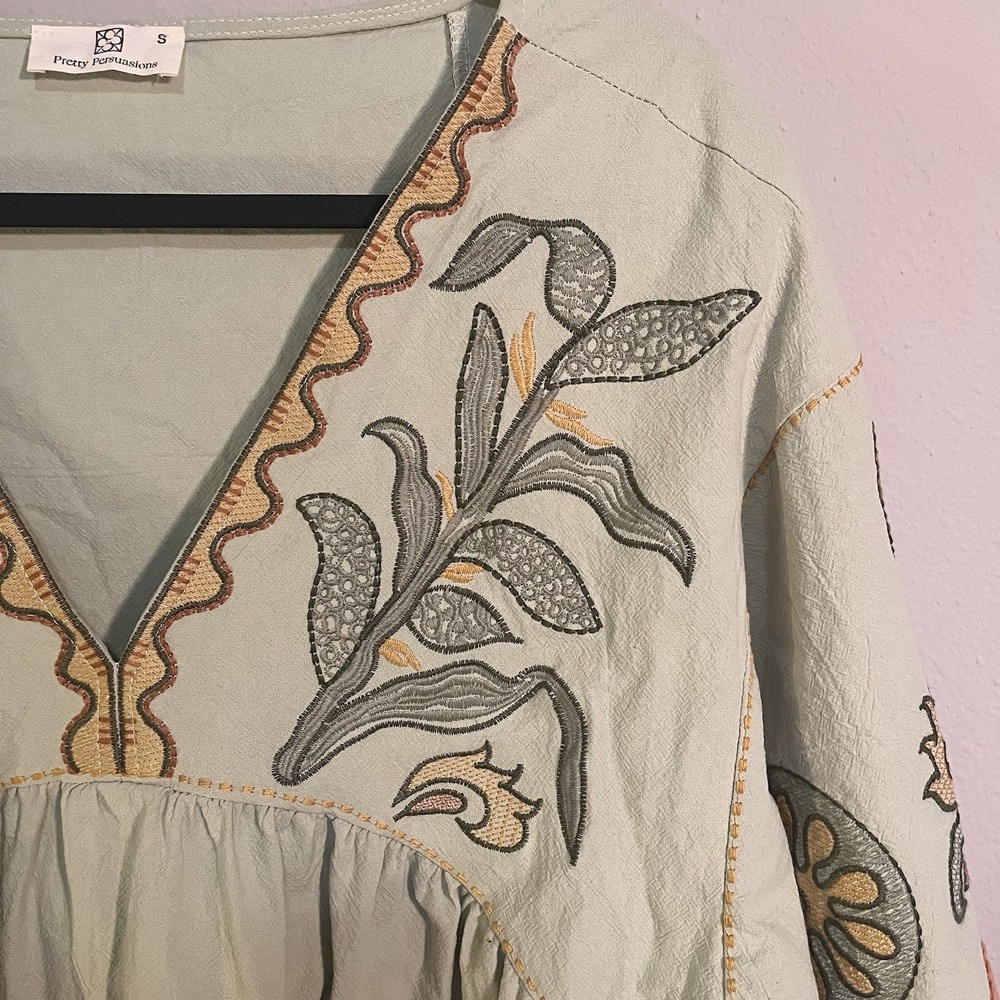 Boho Sage Embroidered Dress Loose Fit V-Neck Babydoll Size S festival Fairy - Picture 5 of 7